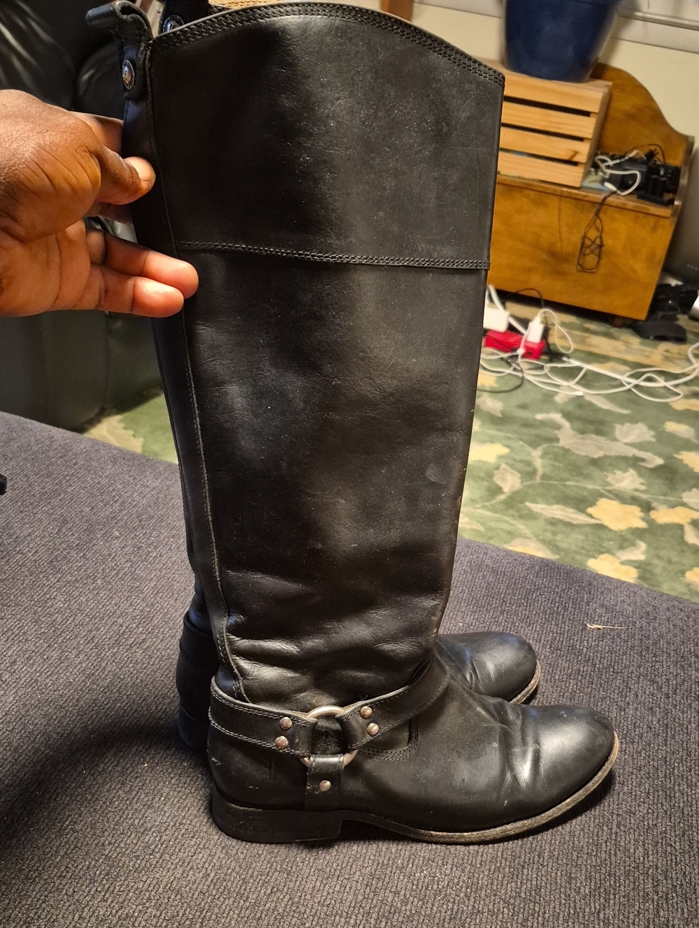 Frye Black Leather Women's Harness Knee-High Boots
